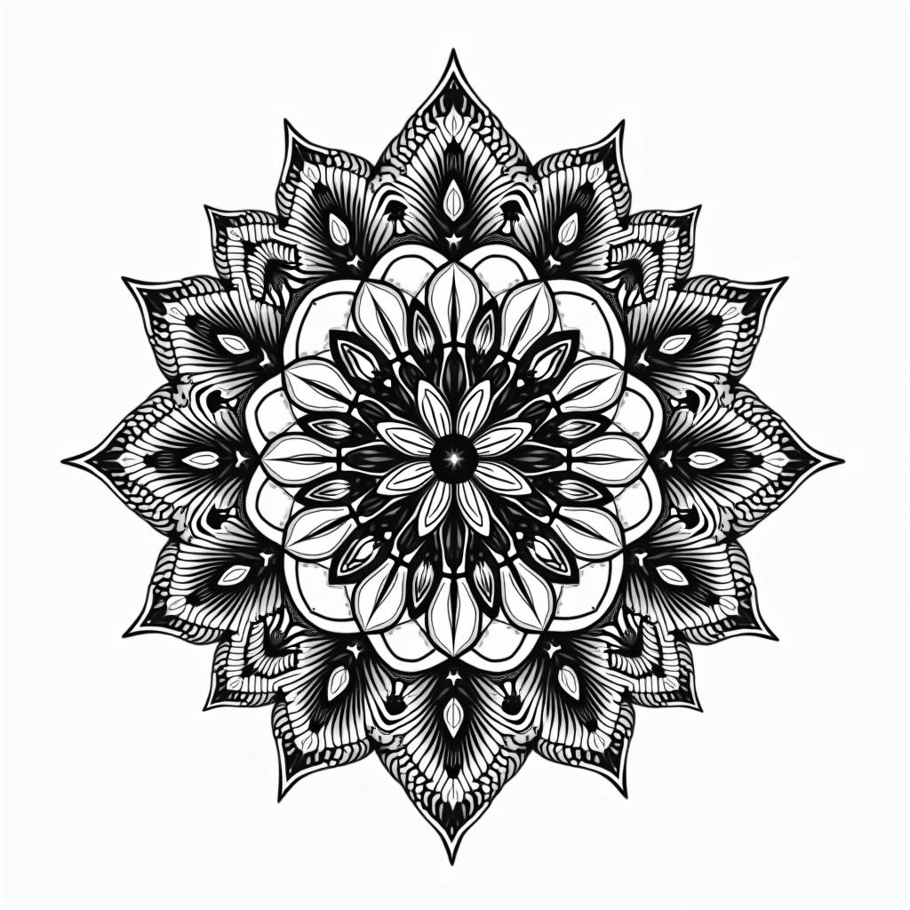 Outside looking inin dotwork style tattoo, complex mandala patterns, interlocking geometric shapes with sharp symmetry, clean lines, sharp angles - Variation 3