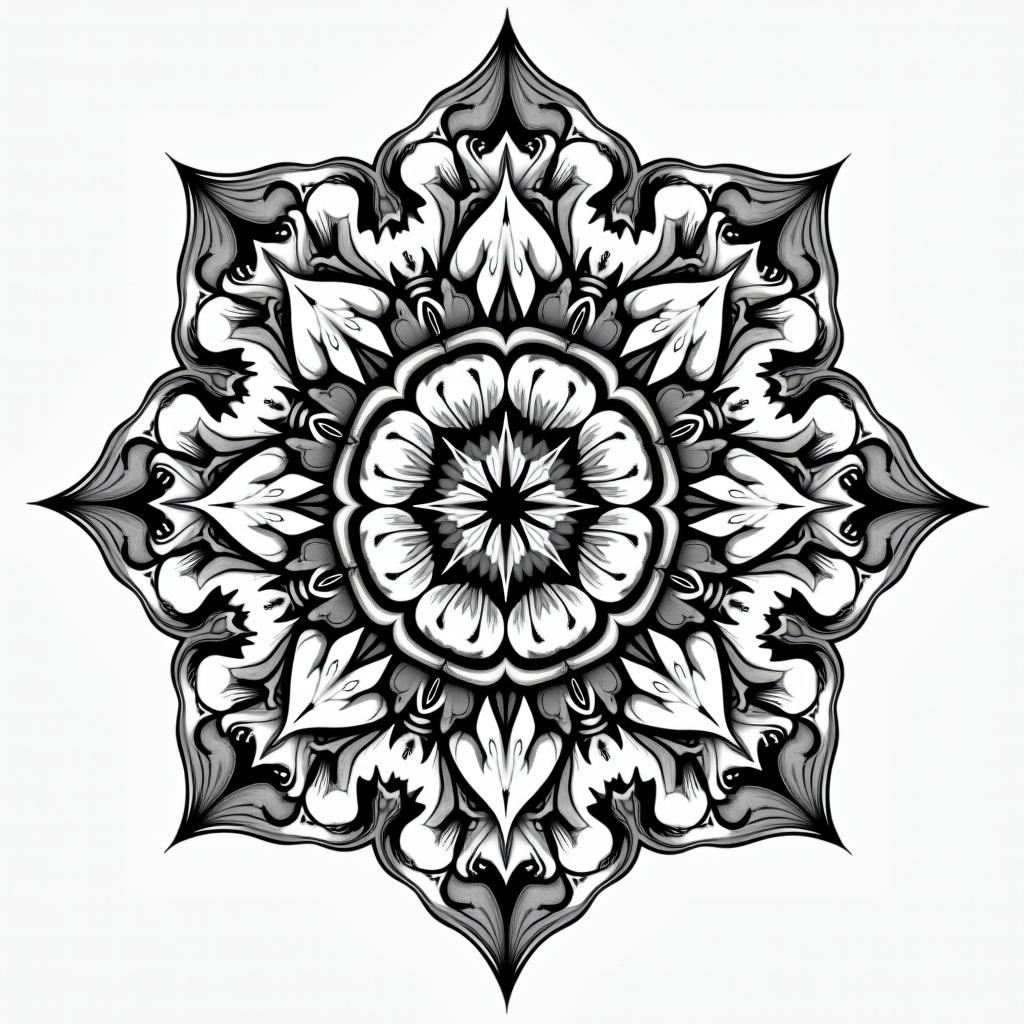 Outside looking inin dotwork style tattoo, complex mandala patterns, interlocking geometric shapes with sharp symmetry, clean lines, sharp angles