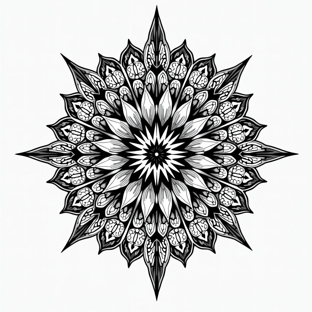Outside looking inin dotwork style tattoo, complex mandala patterns, interlocking geometric shapes with sharp symmetry, clean lines, sharp angles - Variation 2