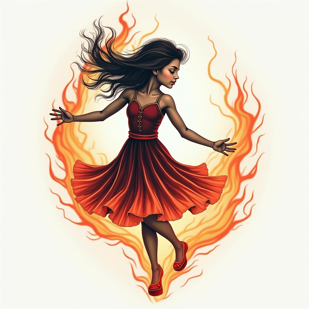 I would like a tattoo that expresses the love I have for my daughter, the date when I left home (20/12/17), the importance of seeing her happy, her dancing, and that I am always with her at any moment.in flame tattoo style showcasing fiery elements with dynamic flame patterns, glowing effect of flames, natural colors - Variation 4