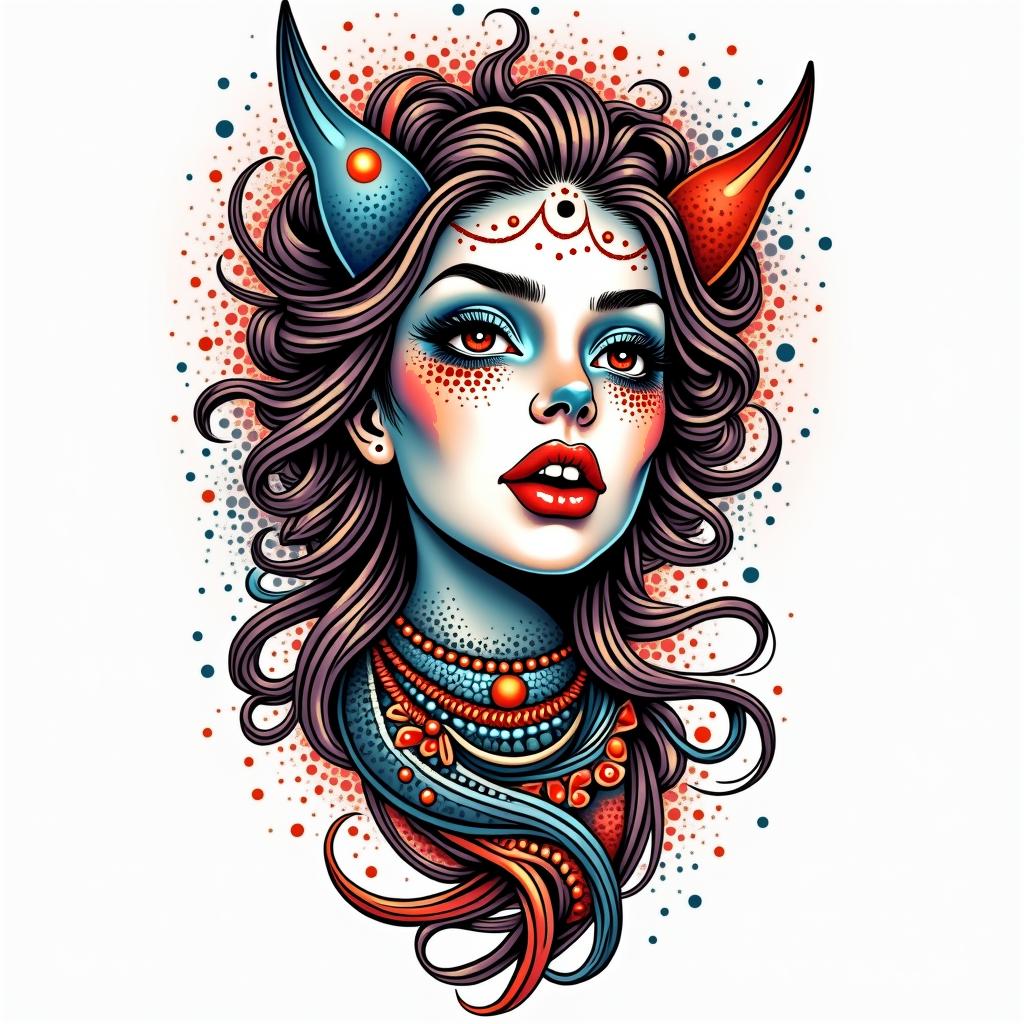 Cosmic tribalin pop art style tattoo, featuring bold and vibrant colors, exaggerated outlines, iconic imagery, inspired by comic books and speech bubbles, comic book characters, retro pop culture - Variation 3