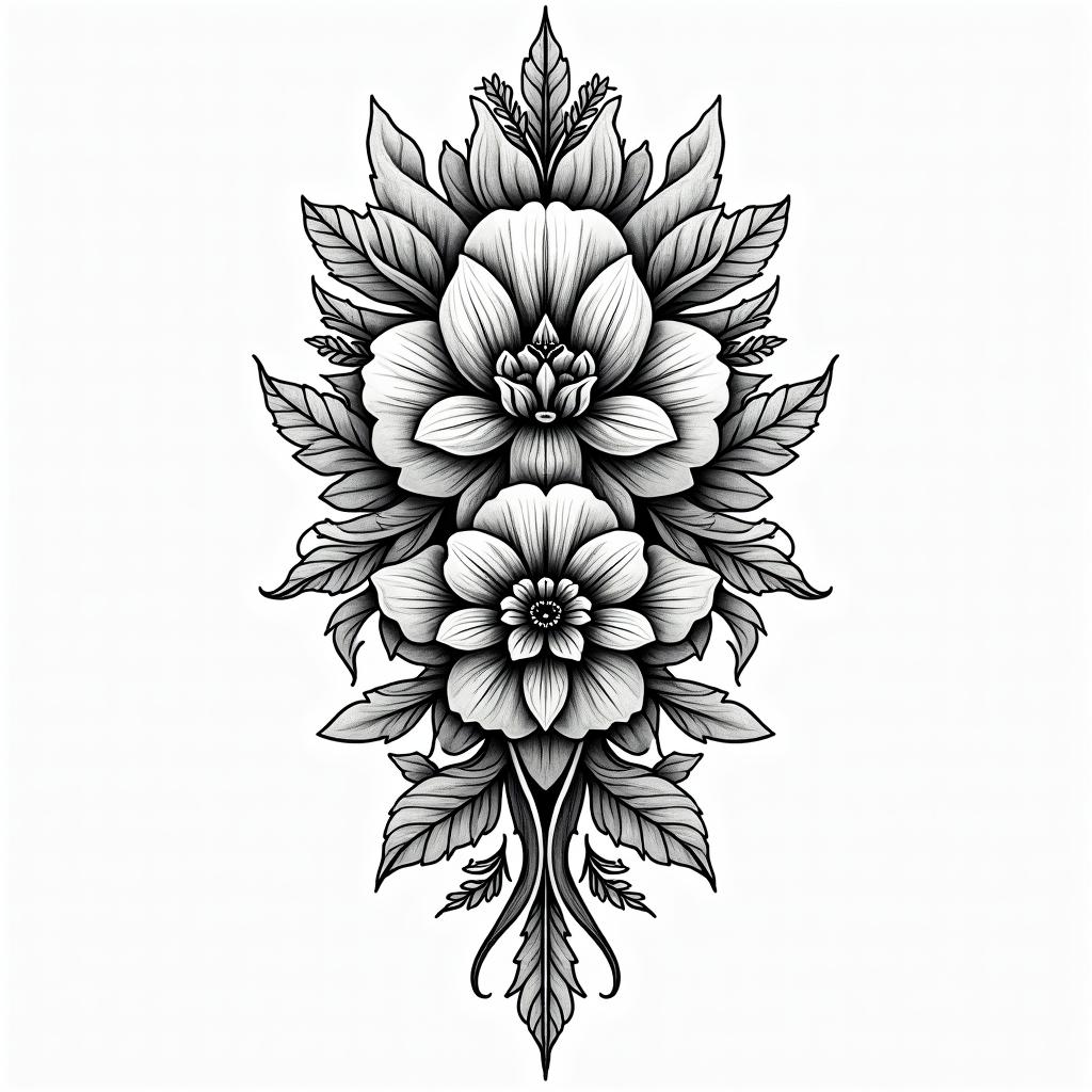 Alexandra, Virgo, Colombiain ornamental tattoo style, featuring intricate symmetrical patterns and floral designs, showcasing highly detailed line work and geometric shapes, creating a sense of elegance and balance - Variation 2