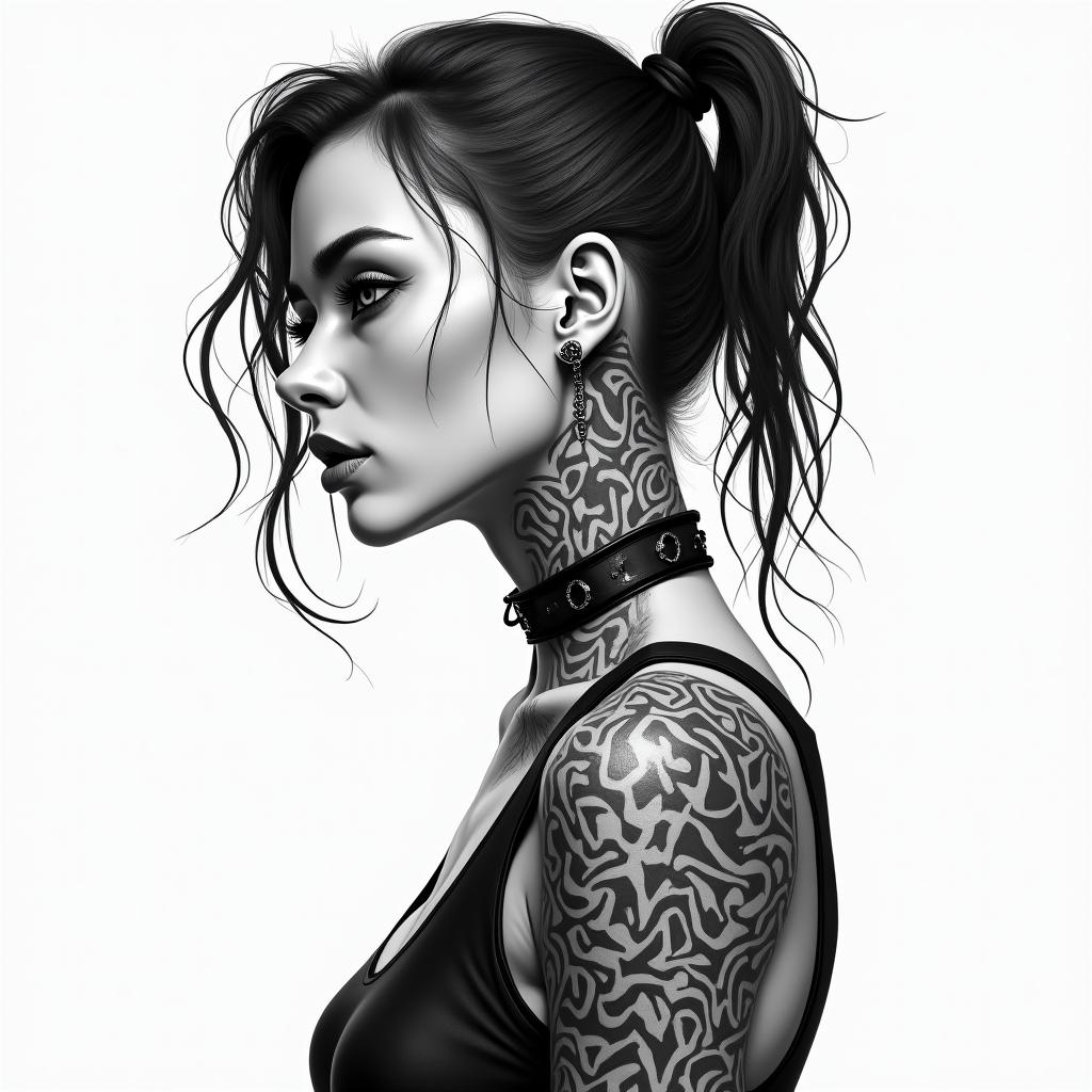 Futuristic cyberpunk girlhigly detailed tattoo - Variation 2