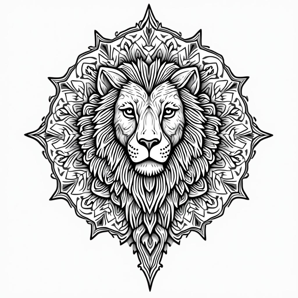 Zodiac Leoin dotwork style tattoo, complex mandala patterns, interlocking geometric shapes with sharp symmetry, clean lines, sharp angles - Variation 4