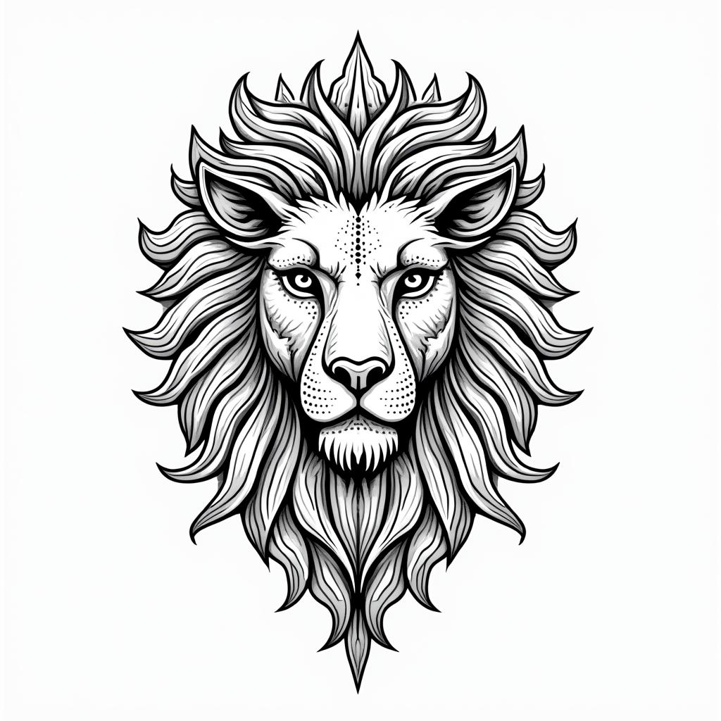 Zodiac Leoin dotwork style tattoo, complex mandala patterns, interlocking geometric shapes with sharp symmetry, clean lines, sharp angles - Variation 1