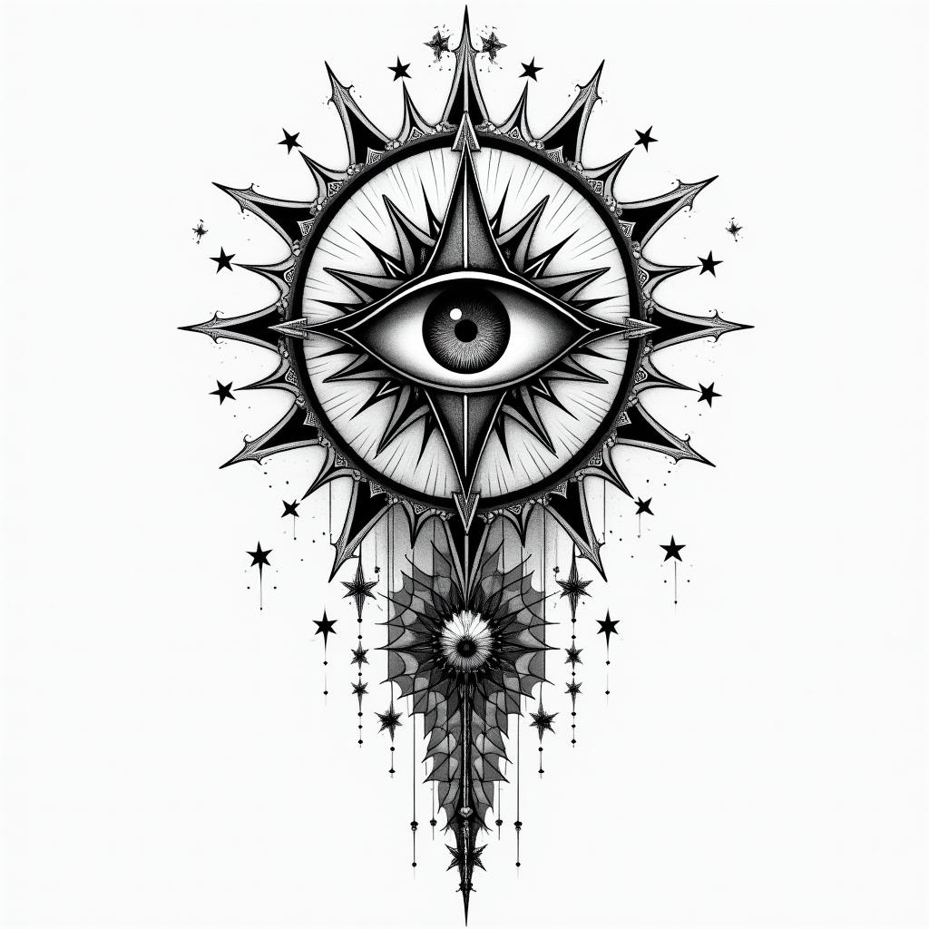 Jorge Alberto Bonilla Flores Aries and stylist.in prophecy tattoo style, featuring mystical symbols, celestial imagery like stars, moons, suns, geometric patterns, foretelling elements, an eye of wisdom - Variation 2