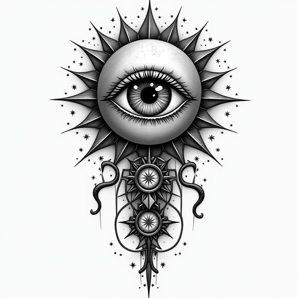 Jorge Alberto Bonilla Flores Aries and stylist.in prophecy tattoo style, featuring mystical symbols, celestial imagery like stars, moons, suns, geometric patterns, foretelling elements, an eye of wisdom - Variation 4