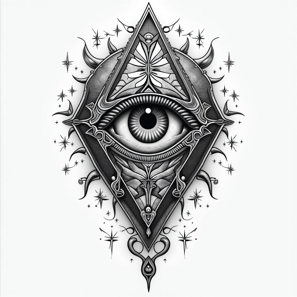 Jorge Alberto Bonilla Flores Aries and stylist.in prophecy tattoo style, featuring mystical symbols, celestial imagery like stars, moons, suns, geometric patterns, foretelling elements, an eye of wisdom