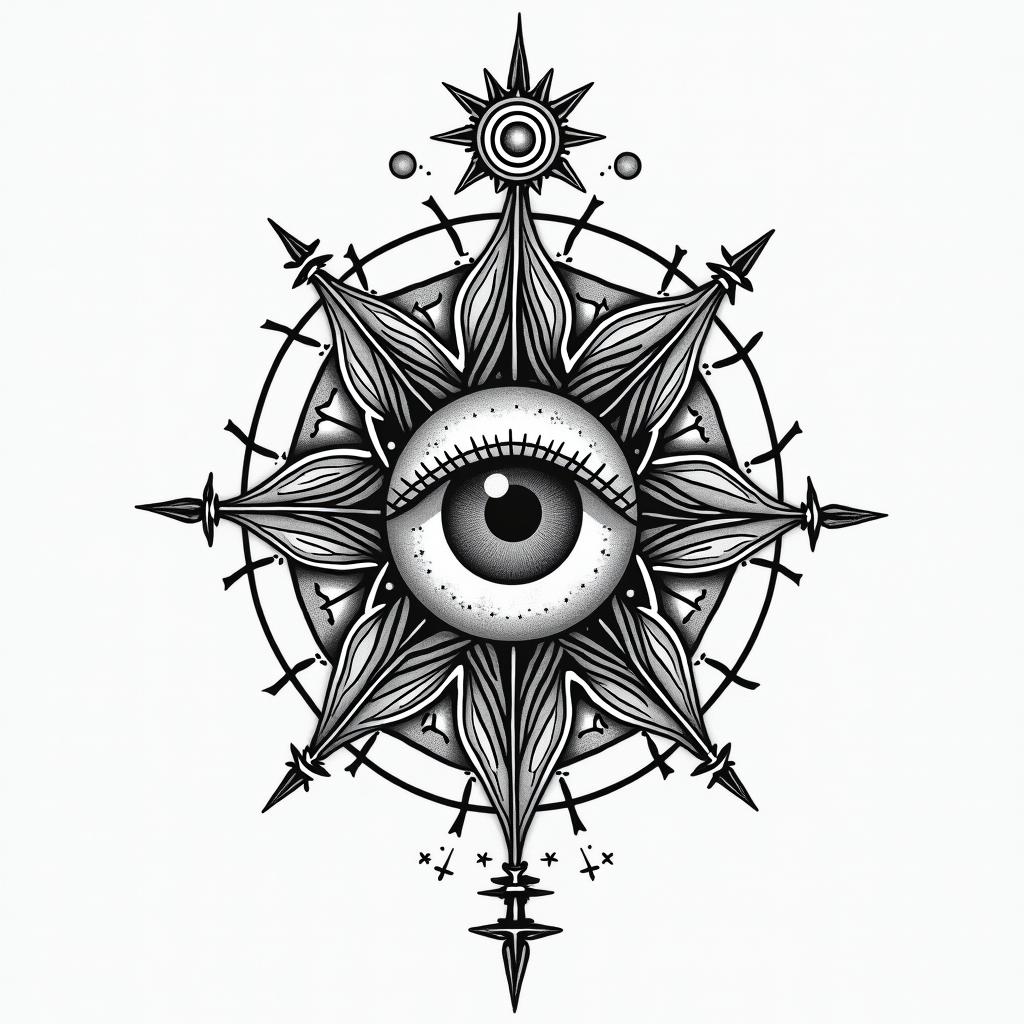 Jorge Alberto Bonilla Flores Aries and stylist.in prophecy tattoo style, featuring mystical symbols, celestial imagery like stars, moons, suns, geometric patterns, foretelling elements, an eye of wisdom - Variation 3