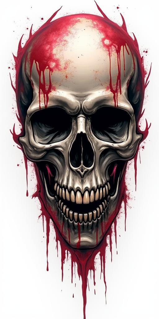 Phoenix in horror tattoo style, showcasing haunting and unsettling, dark and gritty textures with skulls, eerie faces, jgged designs, bold and intense shading