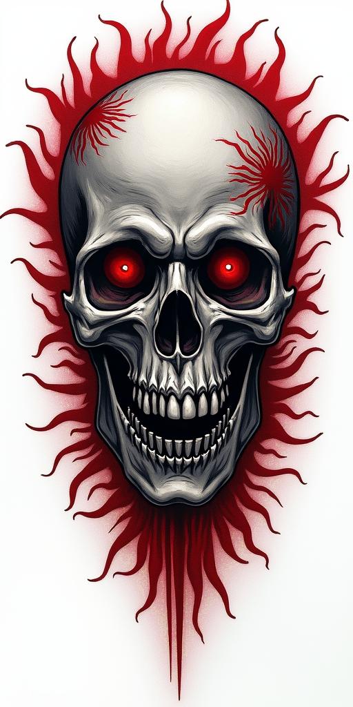 Phoenix in horror tattoo style, showcasing haunting and unsettling, dark and gritty textures with skulls, eerie faces, jgged designs, bold and intense shading - Variation 3