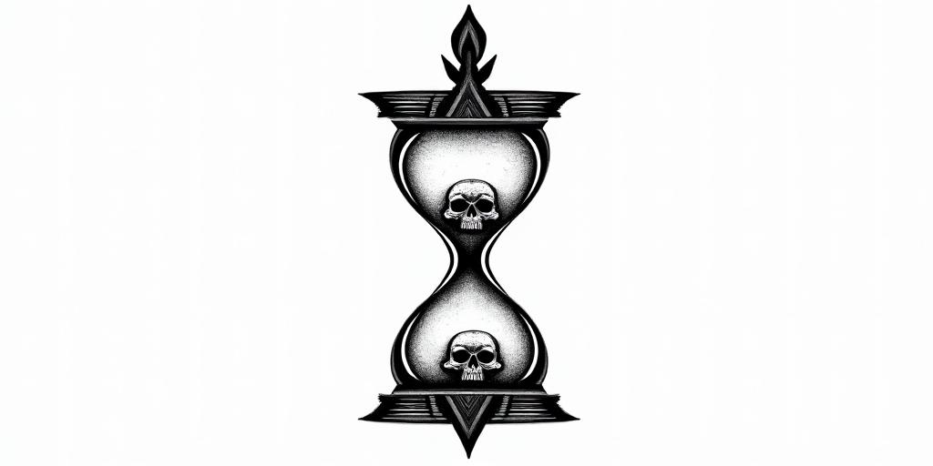 Hourglass with sand and skullsin tribal tattoo style, featuring bold and black geometric shapes, curved lines, intertwine and flow seamlessly, creating a powerful and symbolic design, polynesian and maori styles - Variation 3