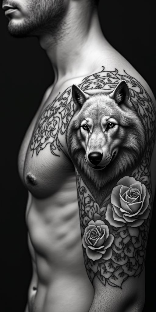 A wolf with roses surrounded by Greek godshigly detailed tattoo