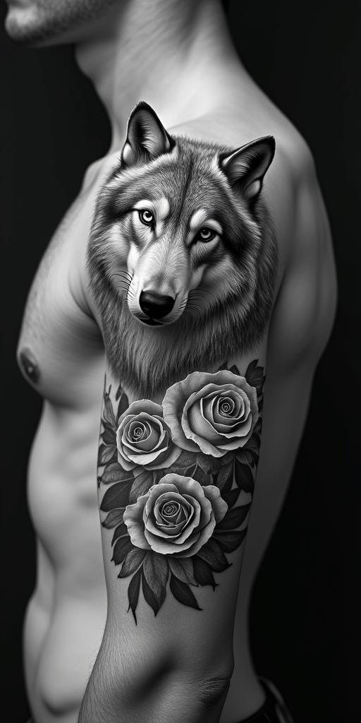 A wolf with roses surrounded by Greek godshigly detailed tattoo - Variation 2