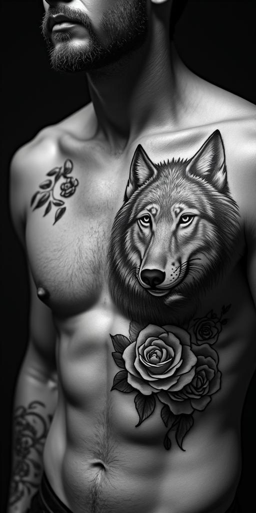A wolf with roses surrounded by Greek godshigly detailed tattoo - Variation 4