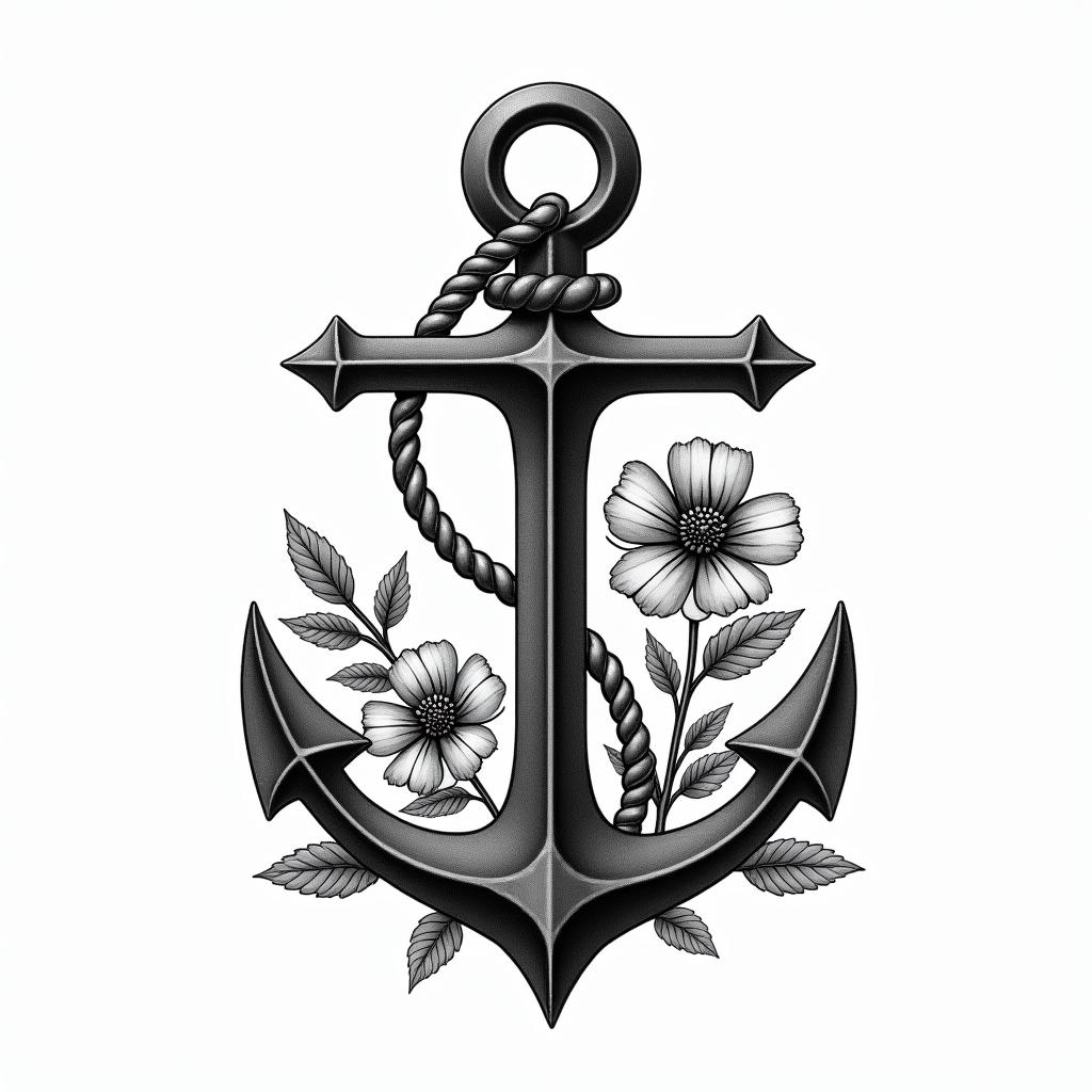 Traditonal anchor and petuniashigly detailed tattoo - Variation 4