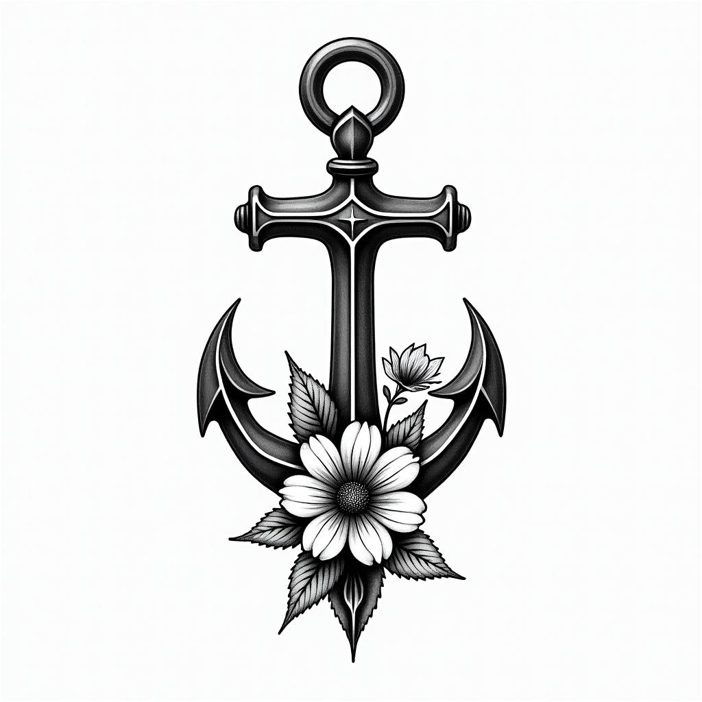 Traditonal anchor and petuniashigly detailed tattoo - Variation 2
