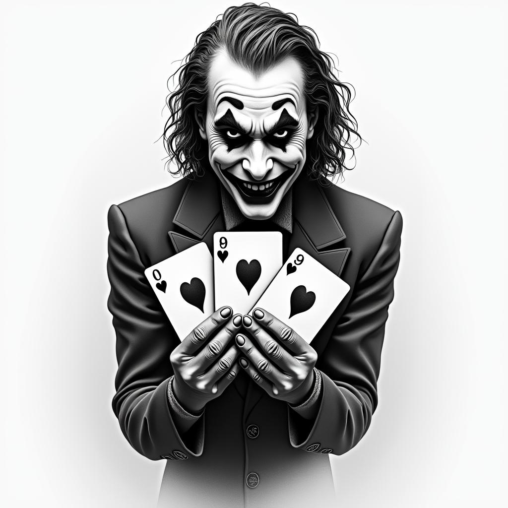 I want a tattoo of the Joker holding 3 cards. The 3 cards are the 5 of hearts and are identical. I do not want to see the entire Joker but only his face, his hands, and the cards. Be creative, I do not want a tattoo that is too dark.higly detailed tattoo - Variation 3