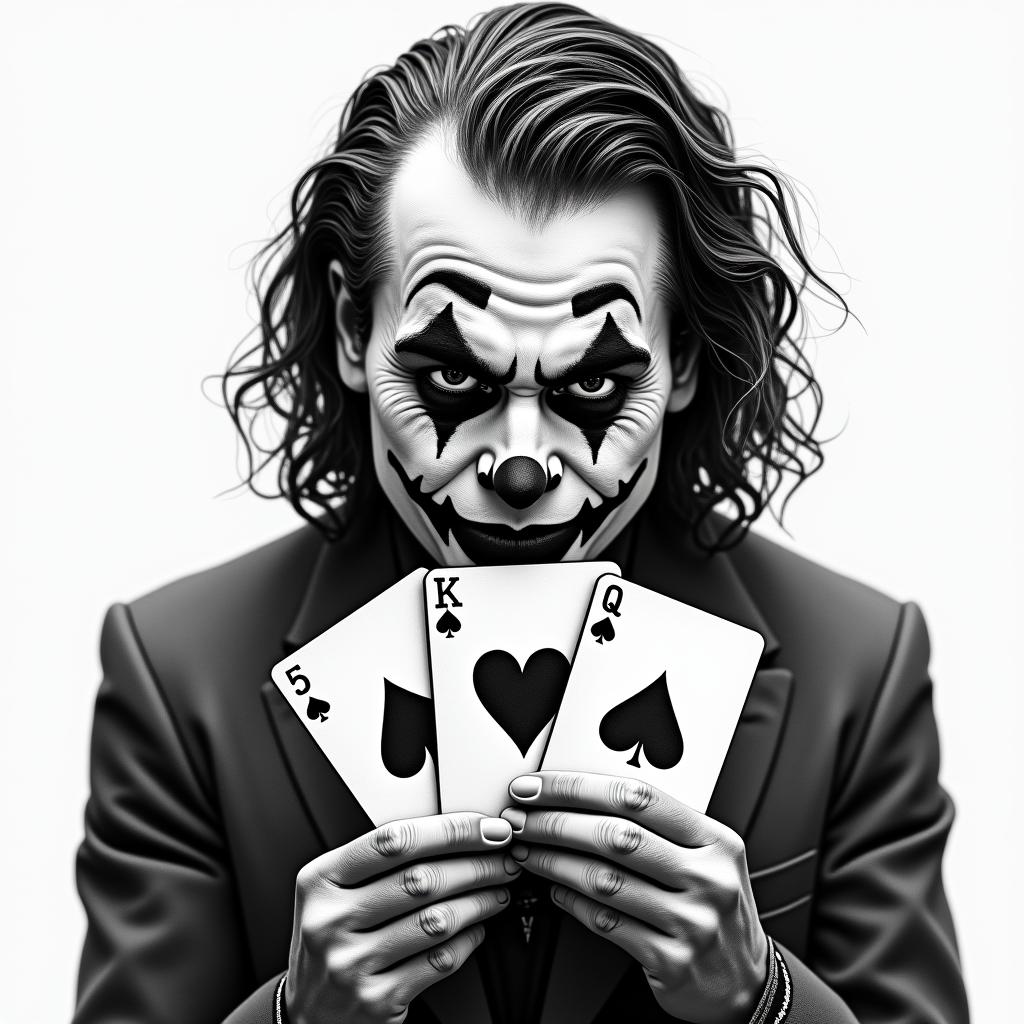 I want a tattoo of the Joker holding 3 cards. The 3 cards are the 5 of hearts and are identical. I do not want to see the entire Joker but only his face, his hands, and the cards. Be creative, I do not want a tattoo that is too dark.higly detailed tattoo - Variation 2