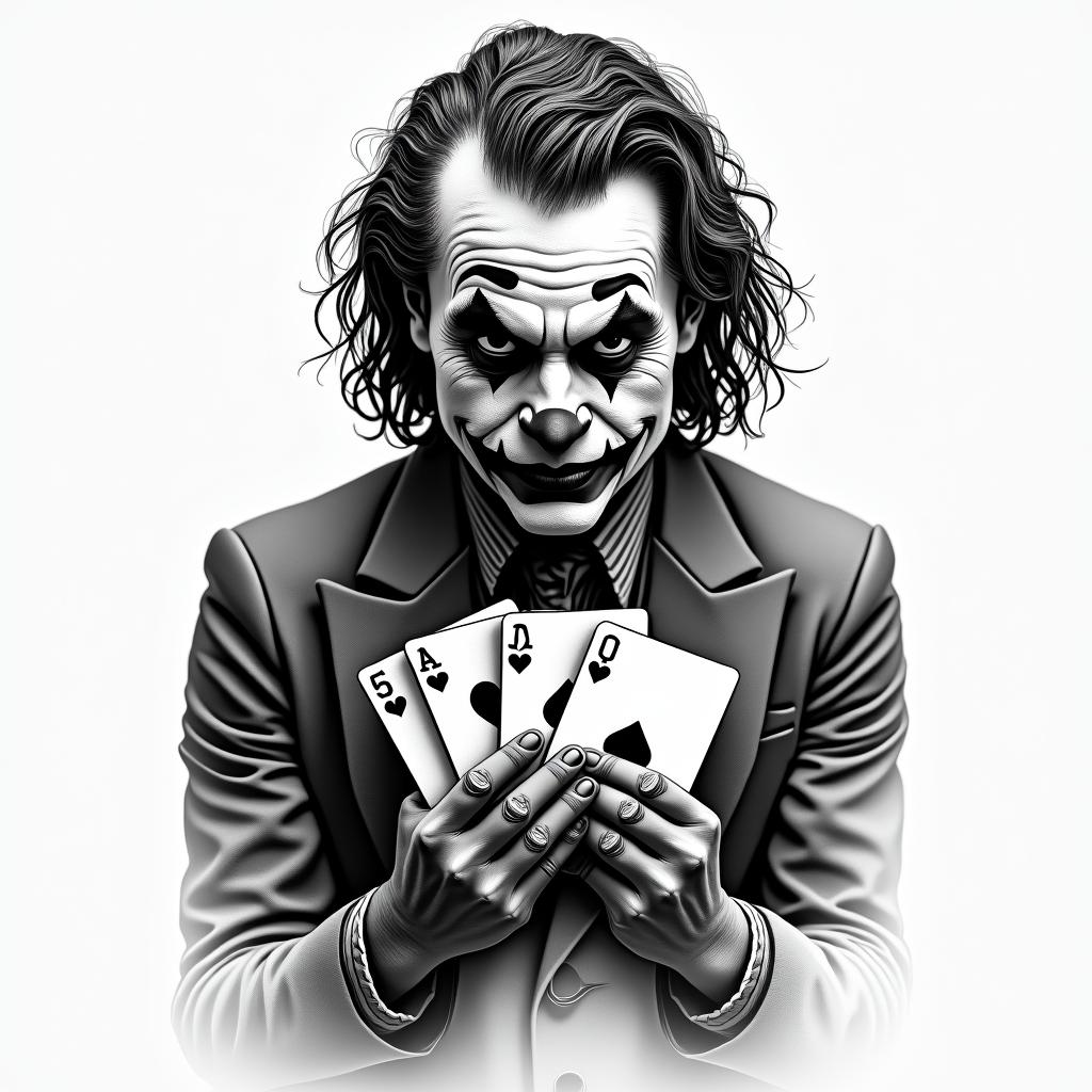 I want a tattoo of the Joker holding 3 cards. The 3 cards are the 5 of hearts and are identical. I do not want to see the entire Joker but only his face, his hands, and the cards. Be creative, I do not want a tattoo that is too dark.higly detailed tattoo