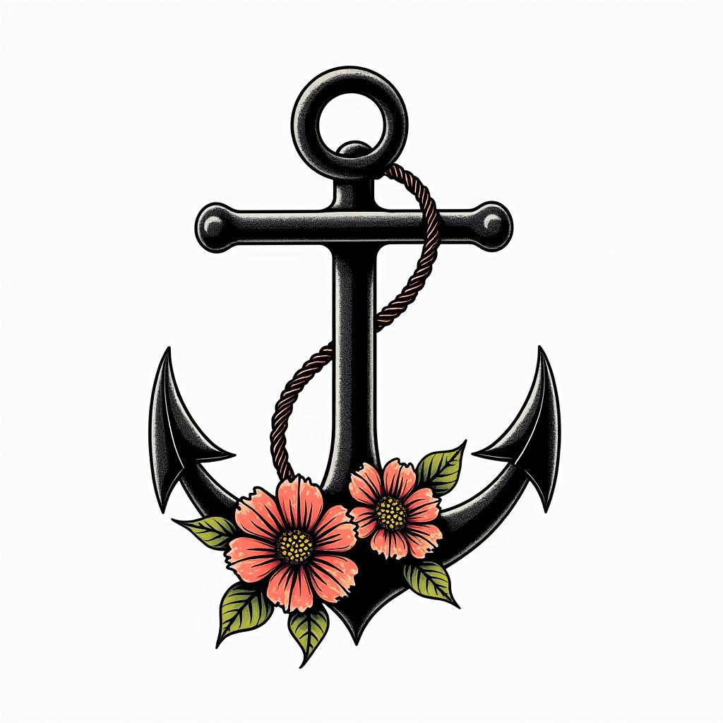 Traditonal anchor and petuniasin pop art style tattoo, featuring bold and vibrant colors, exaggerated outlines, iconic imagery, inspired by comic books and speech bubbles, comic book characters, retro pop culture