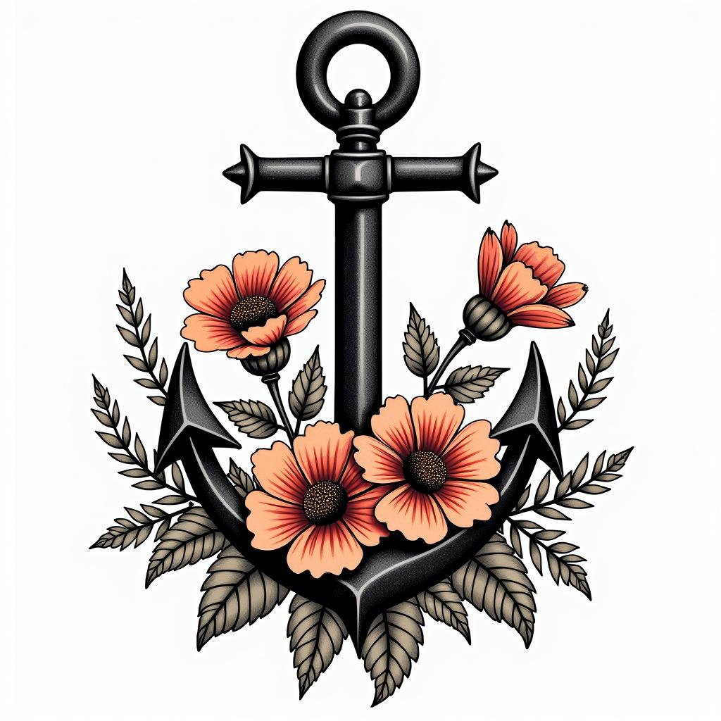 Traditonal anchor and petuniasin pop art style tattoo, featuring bold and vibrant colors, exaggerated outlines, iconic imagery, inspired by comic books and speech bubbles, comic book characters, retro pop culture - Variation 3