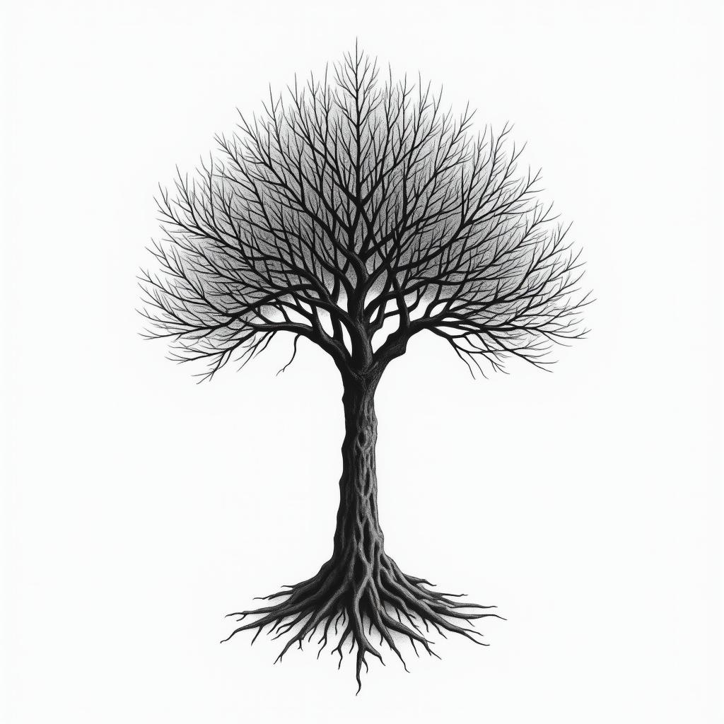 A solitary tree symbolizing resilience and perseverance, intertwined with the phrases "Lascia che i veri rimangano con te e quelli non veri si allontanino" and "Vivi solo, muori solo", representing a journey of achievement through solitude and struggle, intricate details, black and gray ink, elegant and meaningful design.higly detailed tattoo - Variation 4