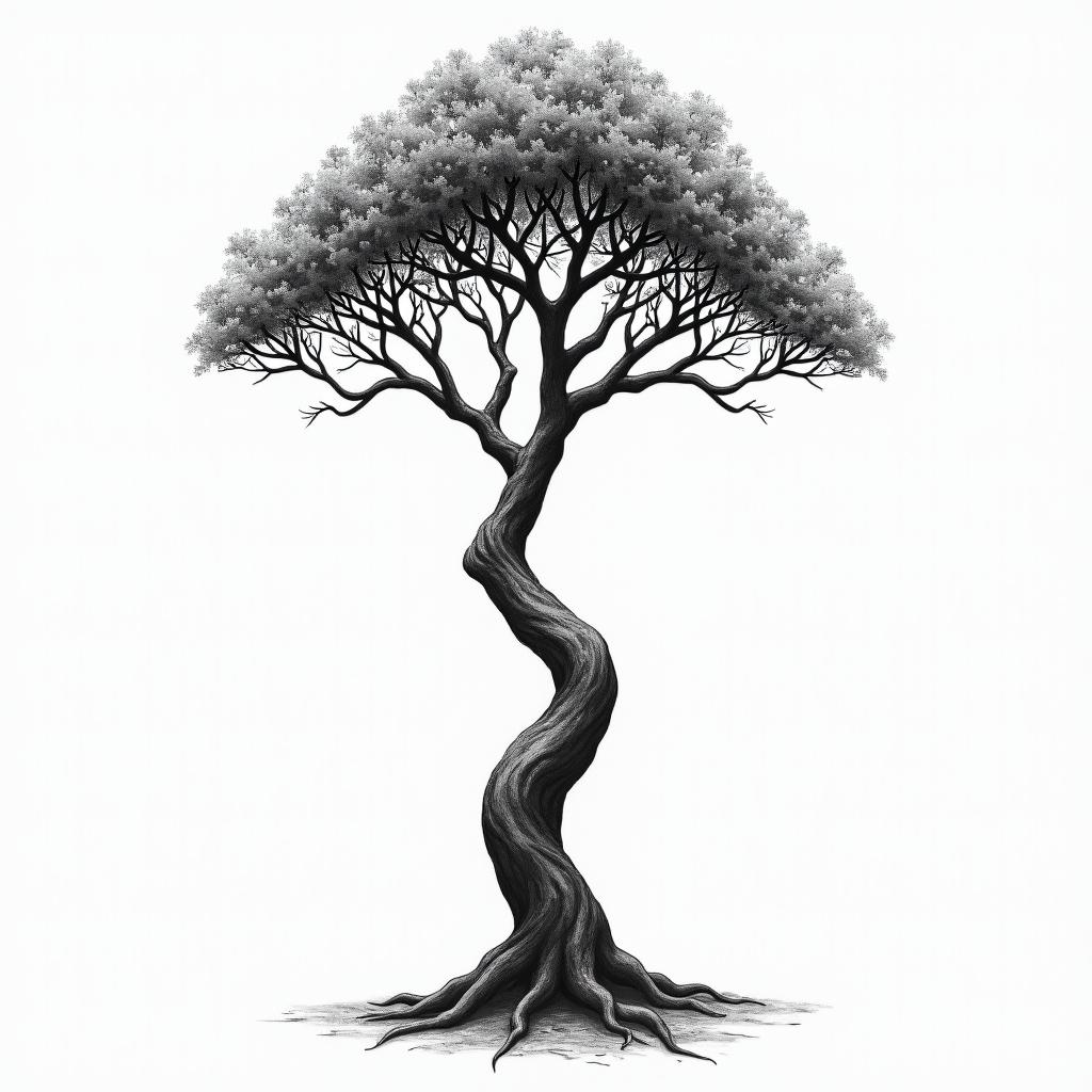A solitary tree symbolizing resilience and perseverance, intertwined with the phrases "Lascia che i veri rimangano con te e quelli non veri si allontanino" and "Vivi solo, muori solo", representing a journey of achievement through solitude and struggle, intricate details, black and gray ink, elegant and meaningful design.higly detailed tattoo - Variation 2