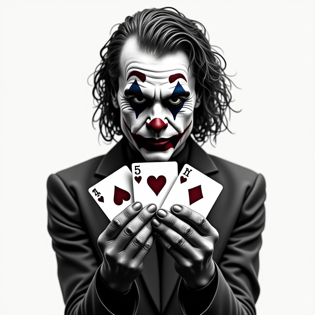 I want a tattoo of the Joker holding 3 cards in his hands. The 3 cards are the 5 of hearts and are identical. I don't want to see the entire Joker, just his face, his hands, and the cards. Be creative; I don't want a tattoo that's too dark.in realism tattoo style, featuring a highly detailed, lifelike, capturing every detail, photorealistic, ultra realistic, intricate shading, smooth and sharp,  