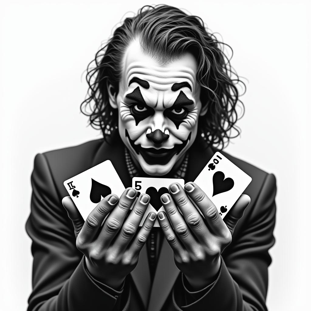 I want a tattoo of the Joker holding 3 cards in his hands. The 3 cards are the 5 of hearts and are identical. I don't want to see the entire Joker, just his face, his hands, and the cards. Be creative; I don't want a tattoo that's too dark.in realism tattoo style, featuring a highly detailed, lifelike, capturing every detail, photorealistic, ultra realistic, intricate shading, smooth and sharp, - Variation 3