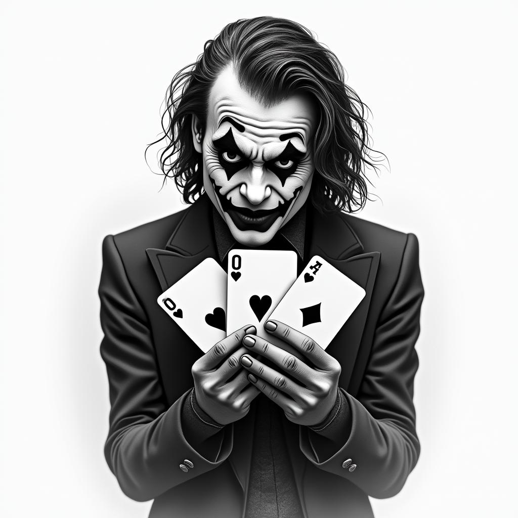 I want a tattoo of the Joker holding 3 cards in his hands. The 3 cards are the 5 of hearts and are identical. I don't want to see the entire Joker, just his face, his hands, and the cards. Be creative; I don't want a tattoo that's too dark.in realism tattoo style, featuring a highly detailed, lifelike, capturing every detail, photorealistic, ultra realistic, intricate shading, smooth and sharp, - Variation 2