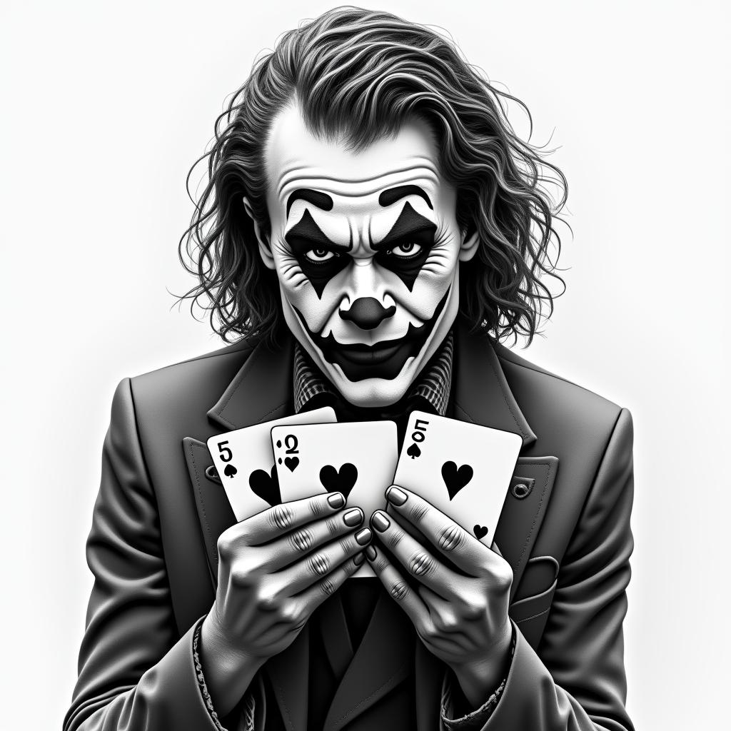I want a tattoo of the Joker holding 3 cards in his hands. The 3 cards are the 5 of hearts and are identical. I don't want to see the entire Joker, just his face, his hands, and the cards. Be creative; I don't want a tattoo that's too dark.in realism tattoo style, featuring a highly detailed, lifelike, capturing every detail, photorealistic, ultra realistic, intricate shading, smooth and sharp, - Variation 4