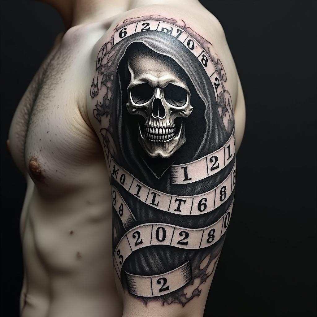 Reaper with calendar scrolls around reaper in horror tattoo style, showcasing haunting and unsettling, dark and gritty textures with skulls, eerie faces, jgged designs, bold and intense shading - Variation 4