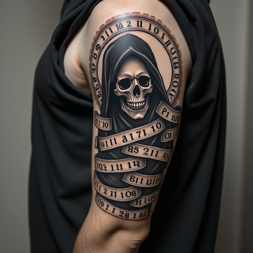 Reaper with calendar scrolls around reaper in horror tattoo style, showcasing haunting and unsettling, dark and gritty textures with skulls, eerie faces, jgged designs, bold and intense shading