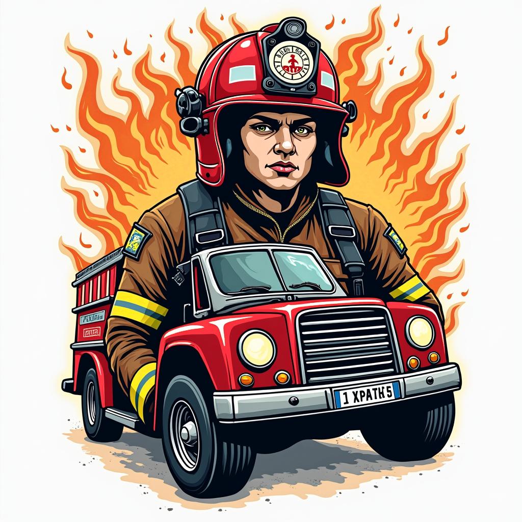Fire departmentin pop art style tattoo, featuring bold and vibrant colors, exaggerated outlines, iconic imagery, inspired by comic books and speech bubbles, comic book characters, retro pop culture - Variation 4