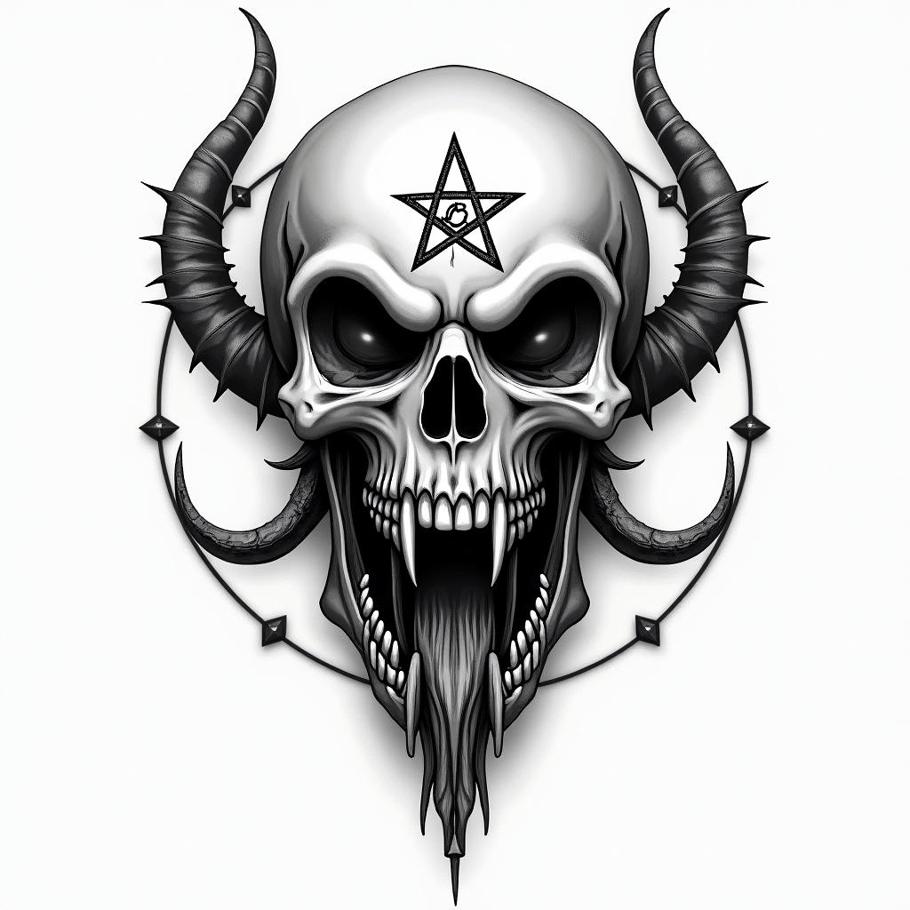 Big tits princess peachcreepy horror tattoo style, featuring an eerie and unsettling skull of a demonic creature, distorted face with sharp fangs, add pentagram symbol - Variation 2