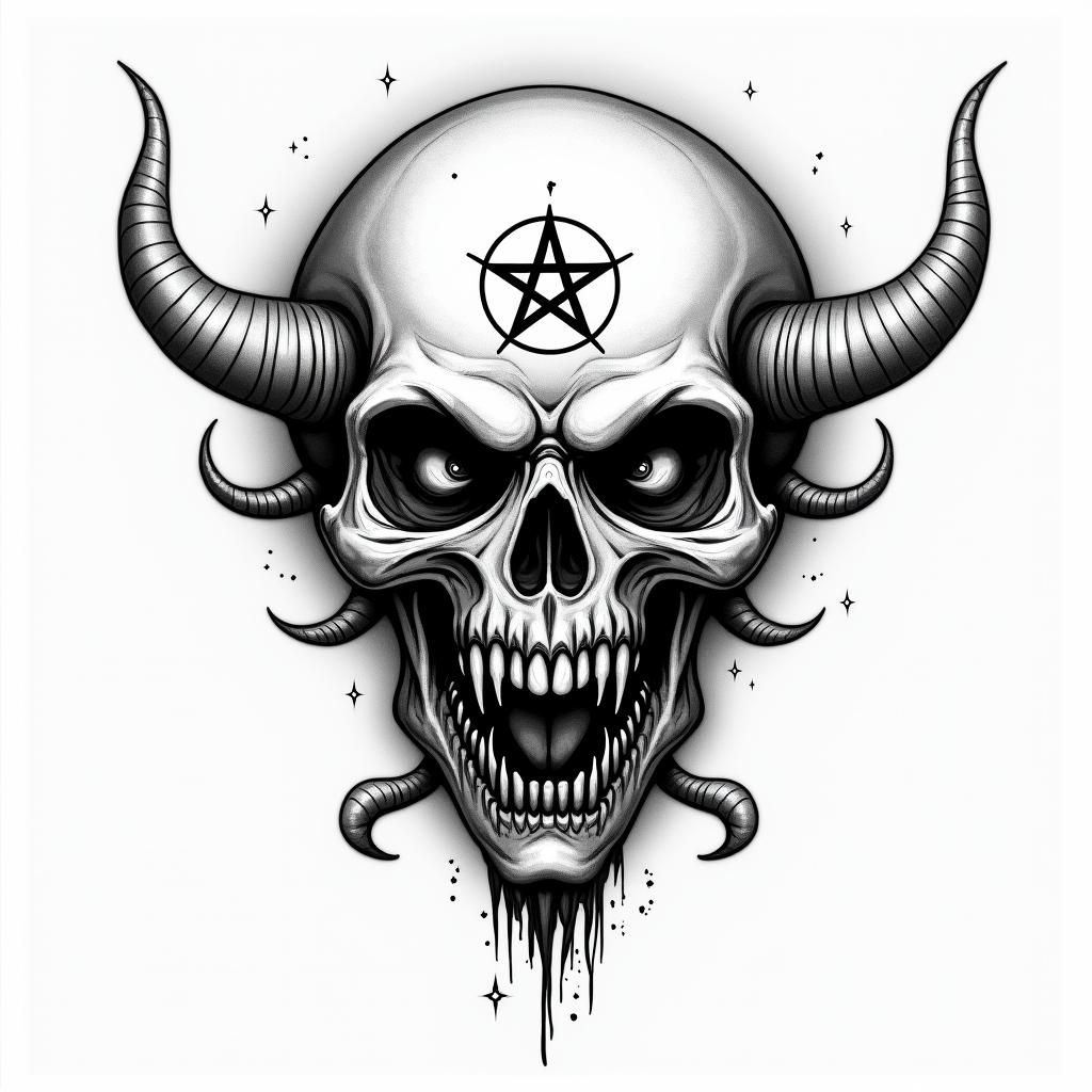 Big tits princess peachcreepy horror tattoo style, featuring an eerie and unsettling skull of a demonic creature, distorted face with sharp fangs, add pentagram symbol - Variation 3