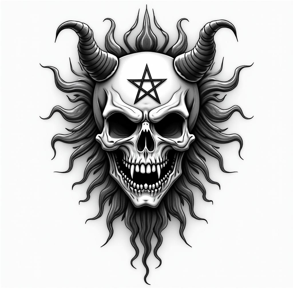 Big tits princess peachcreepy horror tattoo style, featuring an eerie and unsettling skull of a demonic creature, distorted face with sharp fangs, add pentagram symbol - Variation 4