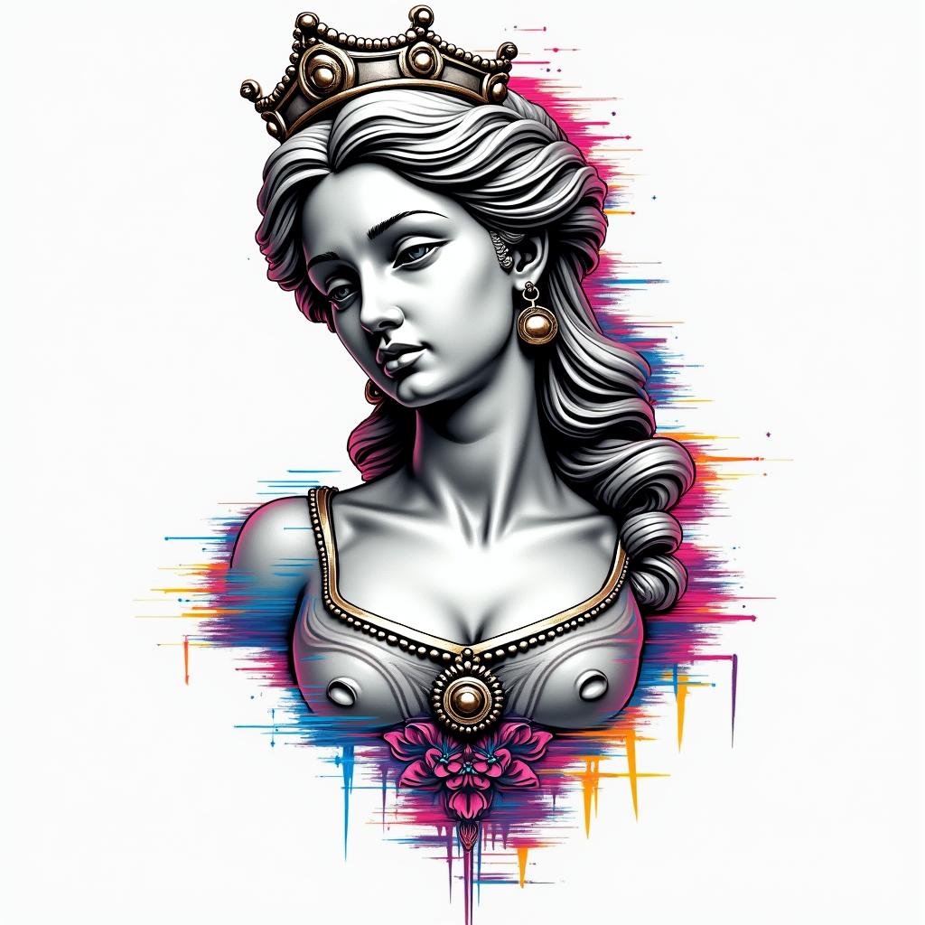 Big tits princess peachin distorted and fragmented tattoo design, featuring a classical statue bust, in a glitch art style with vibrant, overlapping colors of cyan, magenta, and yellow, creating a digital distortion effect - Variation 2