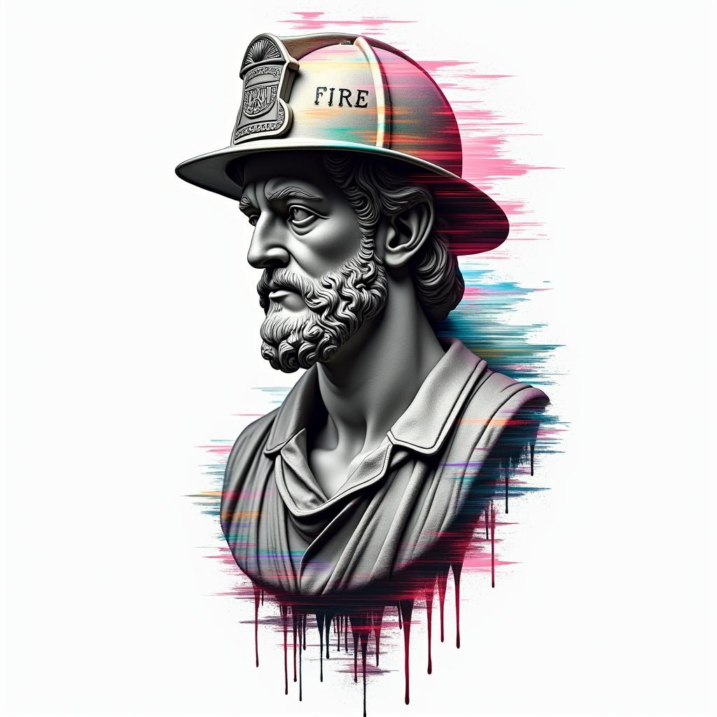 Fire departmentin distorted and fragmented tattoo design, featuring a classical statue bust, in a glitch art style with vibrant, overlapping colors of cyan, magenta, and yellow, creating a digital distortion effect - Variation 4