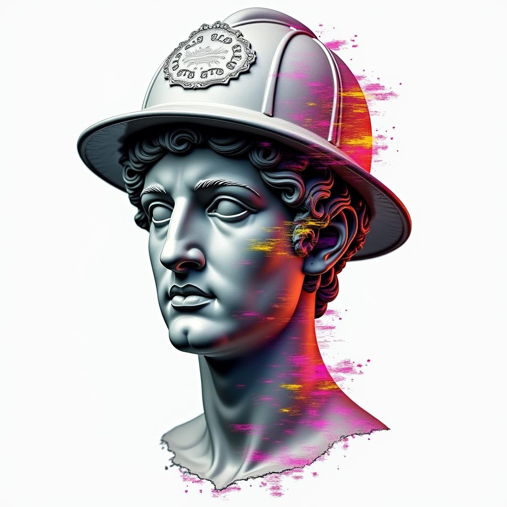 Fire departmentin distorted and fragmented tattoo design, featuring a classical statue bust, in a glitch art style with vibrant, overlapping colors of cyan, magenta, and yellow, creating a digital distortion effect