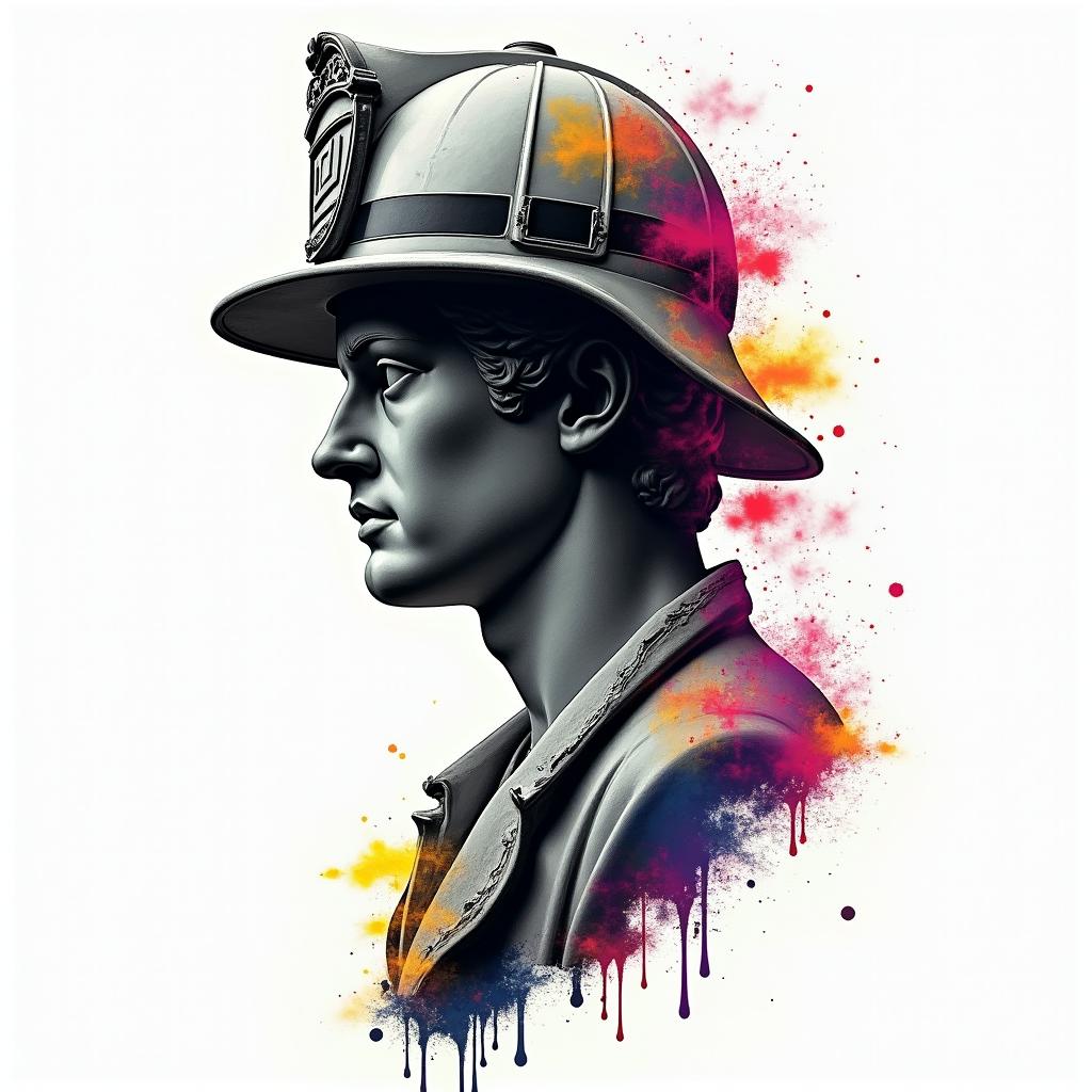 Fire departmentin distorted and fragmented tattoo design, featuring a classical statue bust, in a glitch art style with vibrant, overlapping colors of cyan, magenta, and yellow, creating a digital distortion effect - Variation 2