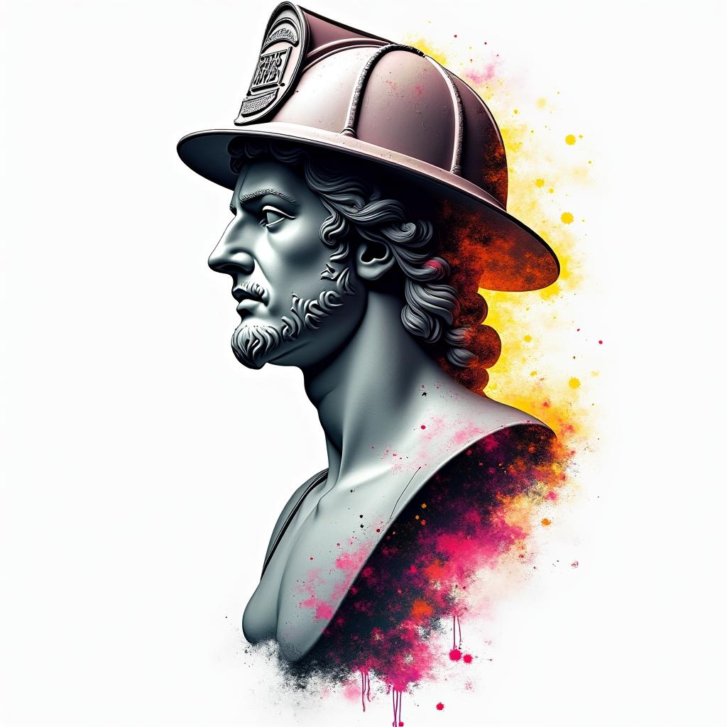 Fire departmentin distorted and fragmented tattoo design, featuring a classical statue bust, in a glitch art style with vibrant, overlapping colors of cyan, magenta, and yellow, creating a digital distortion effect - Variation 3