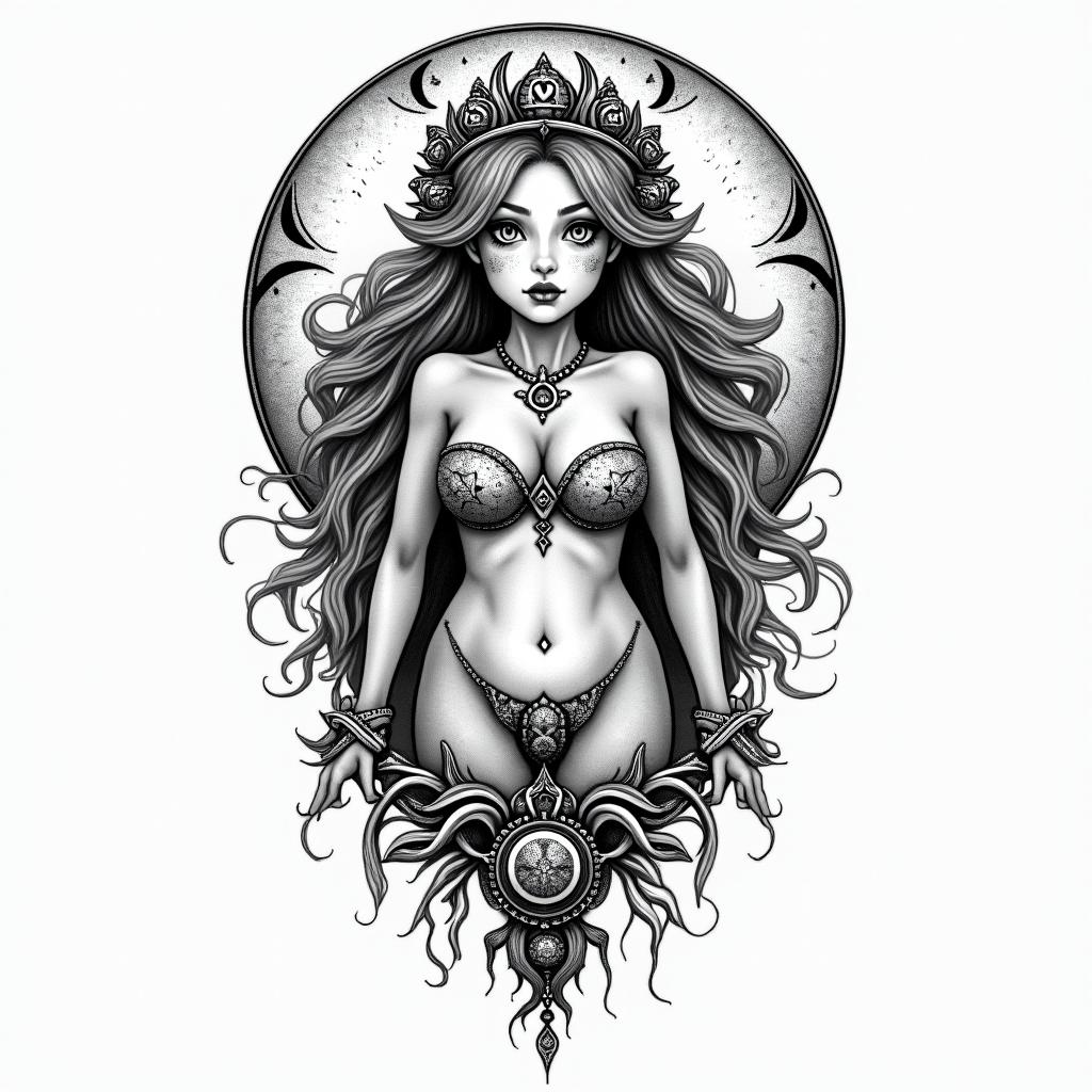Big tits princess peachin paganic style tattoo, featuring ancient symbols, add vegvisir symbol, mystical figures, incorporating designs, pentagrams, runes, crescent moons, - Variation 2