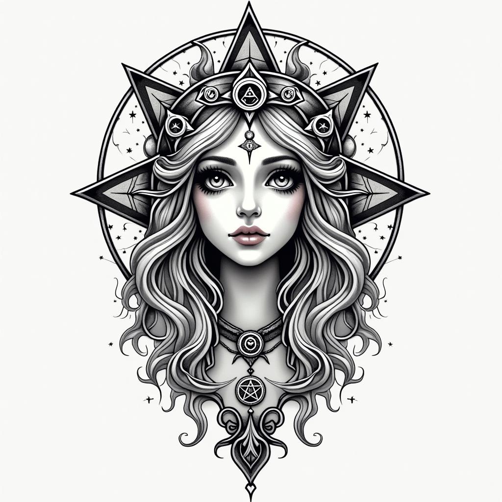 Big tits princess peachin paganic style tattoo, featuring ancient symbols, add vegvisir symbol, mystical figures, incorporating designs, pentagrams, runes, crescent moons, - Variation 4