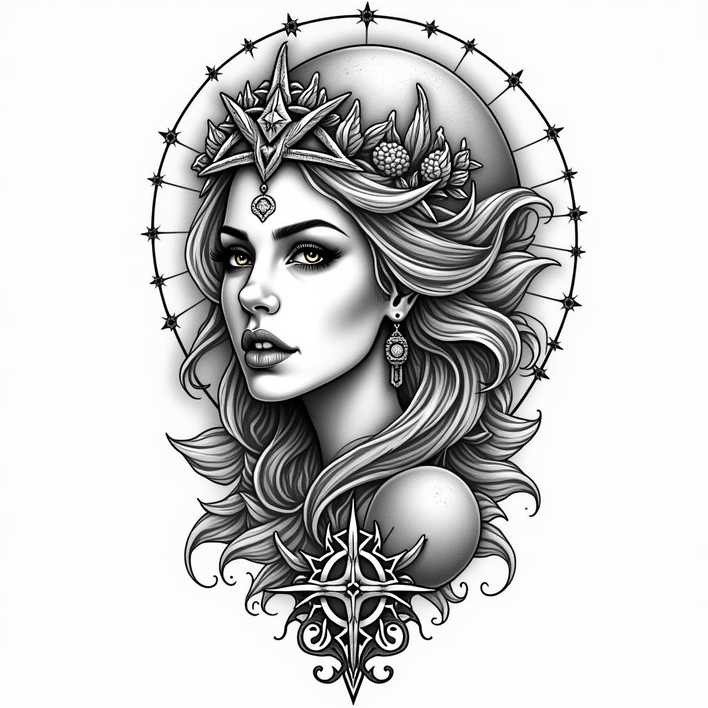 Big tits princess peachin paganic style tattoo, featuring ancient symbols, add vegvisir symbol, mystical figures, incorporating designs, pentagrams, runes, crescent moons, - Variation 3