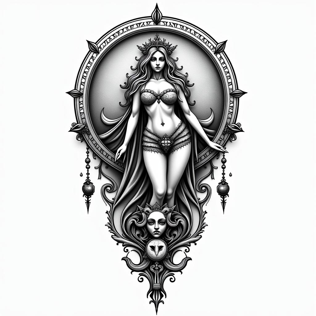 Big tits princess peachin paganic style tattoo, featuring ancient symbols, add vegvisir symbol, mystical figures, incorporating designs, pentagrams, runes, crescent moons,