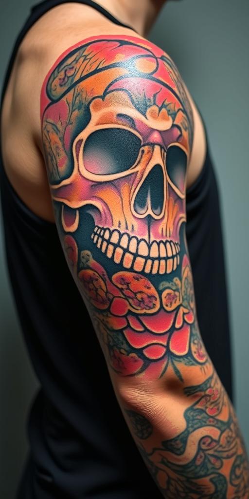 Don't l
ook backin pop art style tattoo, featuring bold and vibrant colors, exaggerated outlines, iconic imagery, inspired by comic books and speech bubbles, comic book characters, retro pop culture - Variation 1