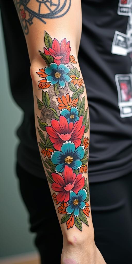 Don't l
ook backin pop art style tattoo, featuring bold and vibrant colors, exaggerated outlines, iconic imagery, inspired by comic books and speech bubbles, comic book characters, retro pop culture - Variation 3