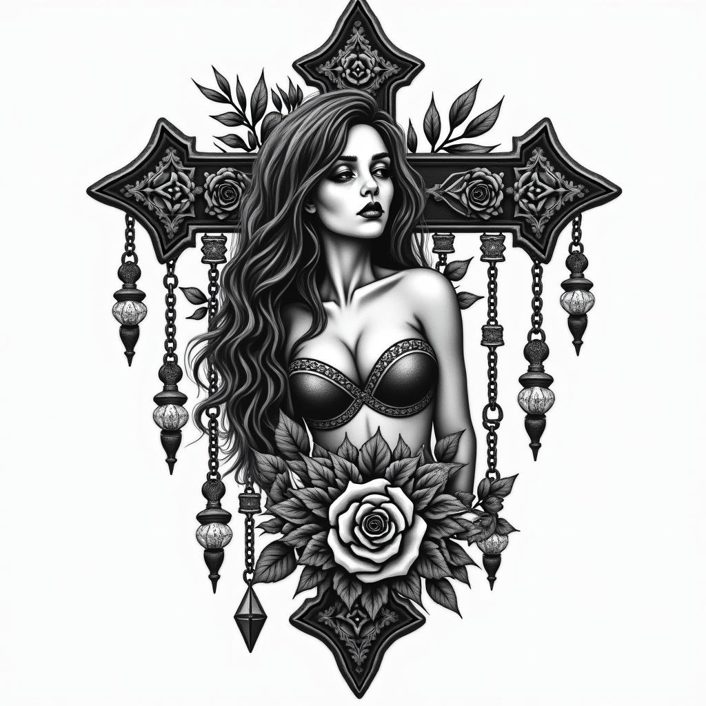 Big tits princess peachin chicano style tattoo, featuring intricate black and grey shading, bold elements of traditional chicano culture symbols, add a big cross with skull, chains and roses - Variation 3